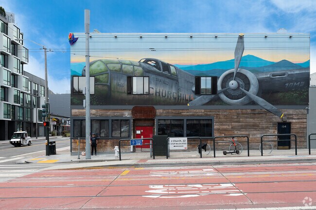 Colorful mural on the side of Churchill bar at Church and 14th streets in Duboce Triangle.