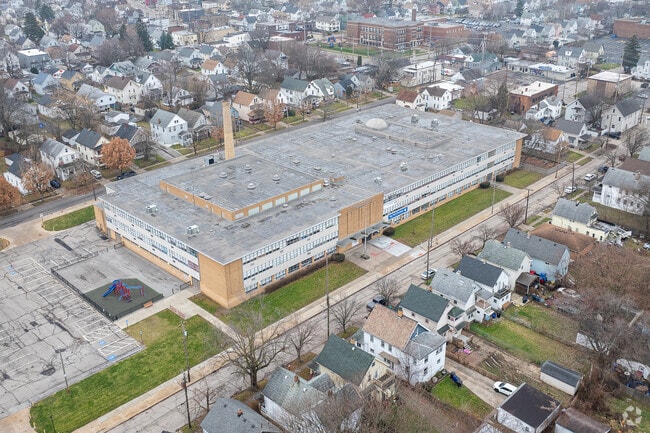 Aerial view of Charles A Mooney School front entrance.
