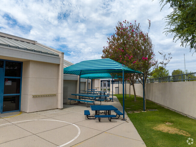 Seating area behind Red Hawk Elementary.