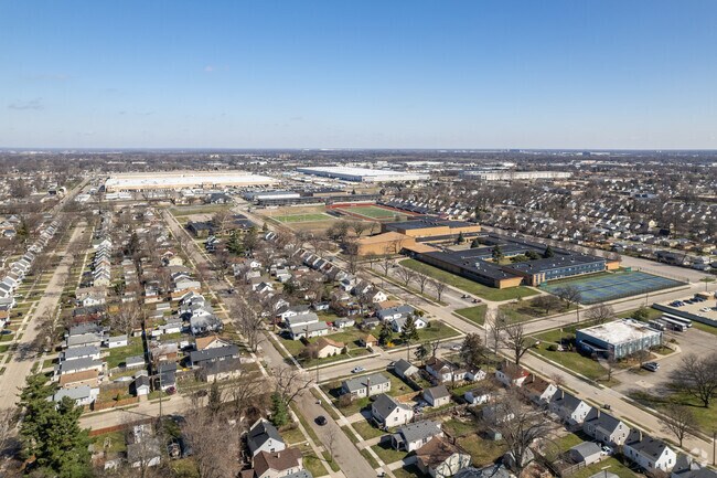 Aerial view of Hazel Park neighborhood with the High School centrally located.