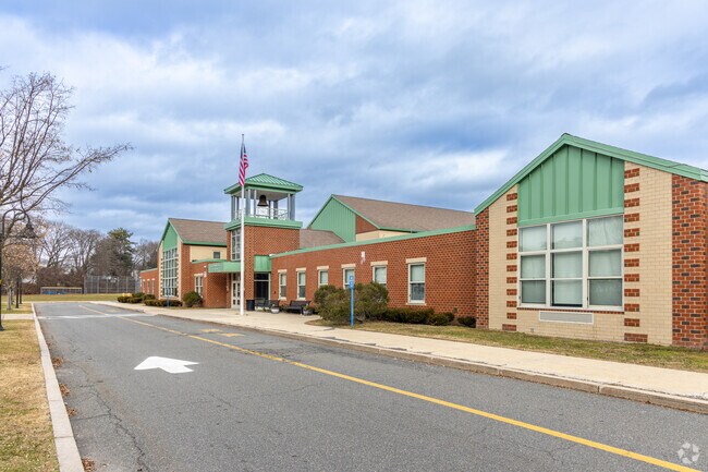 The arrival area for students at the Colonial Park Elementary School in Stoneham, MA.