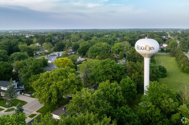 Elkhorn's signature water tower stands tall over quiet residential streets.