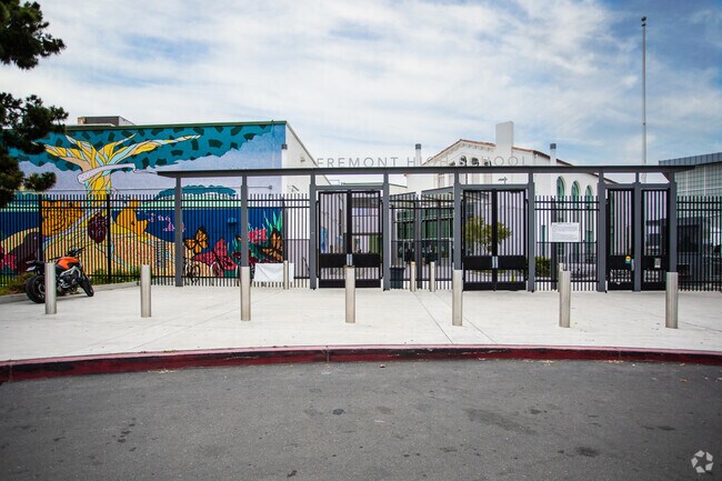 Abstractly designed murals mark the front entrance to the Fremont High School.