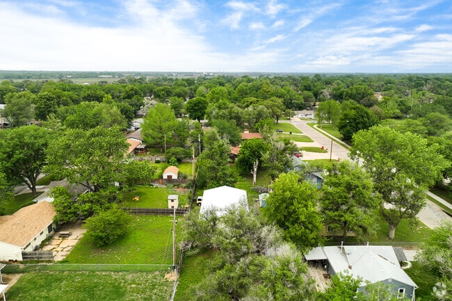This aerial view shows several different home styles and lot sizes in Orchard Park.