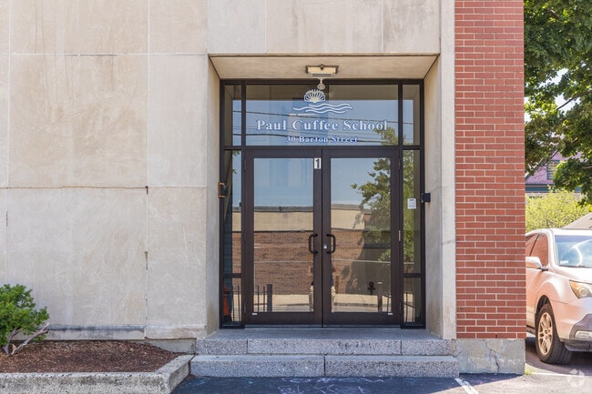 Main Entrance of Paul Cuffee Middle School in West End, Providence.
