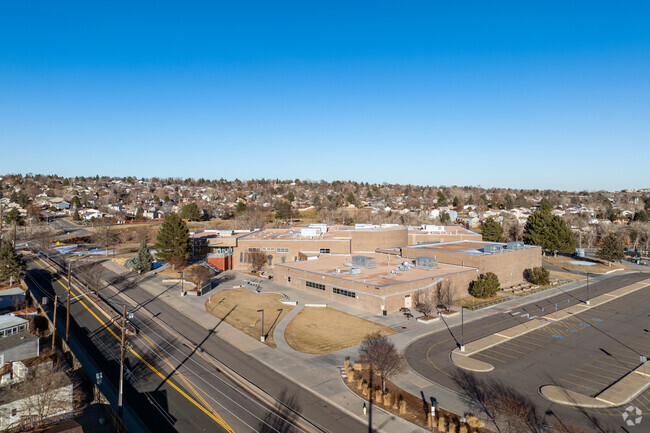 An overview of the campus and parking lot at STEM Launch K-8 School in Thornton, Colorado.