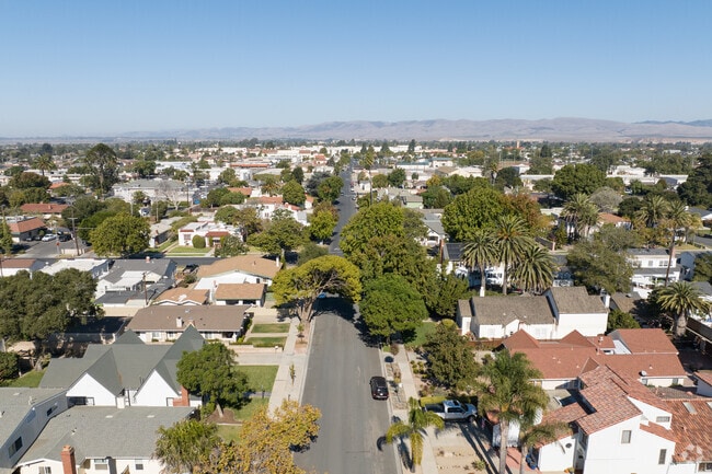 Aerial of residential street in Blosser, Santa Maria, CA.