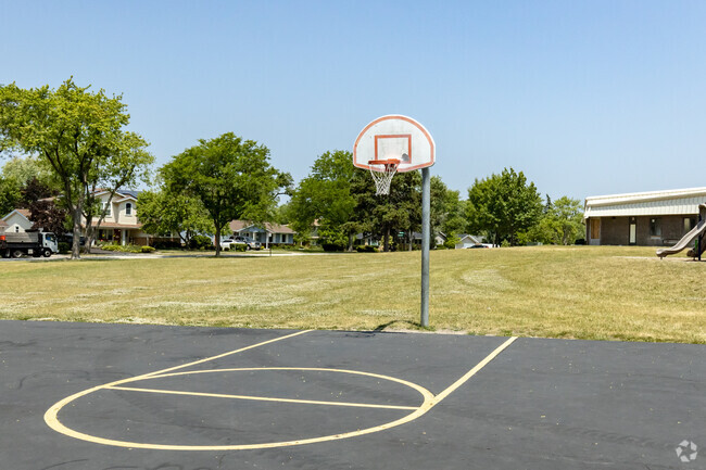 Basketball hoop located in front of the Clearmont Elementary School.