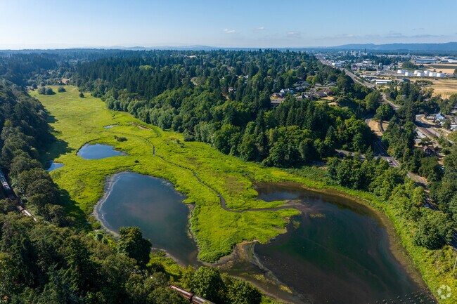 Overlooking Burnt Creek Greenway and Northwest Vancouver towarda Downtown Portland.