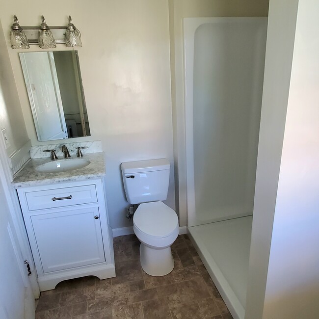 Hardwood vanity with marble top, walk-in shower
