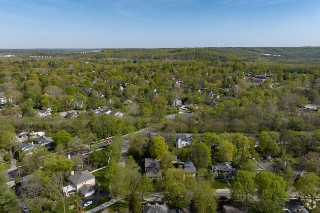 Aerial perspective of the tree lined wooded streets of Terrace Park.