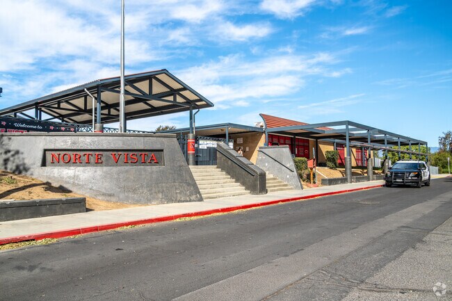 The signage at the entrance of Norte Vista High School proudly displays its name.