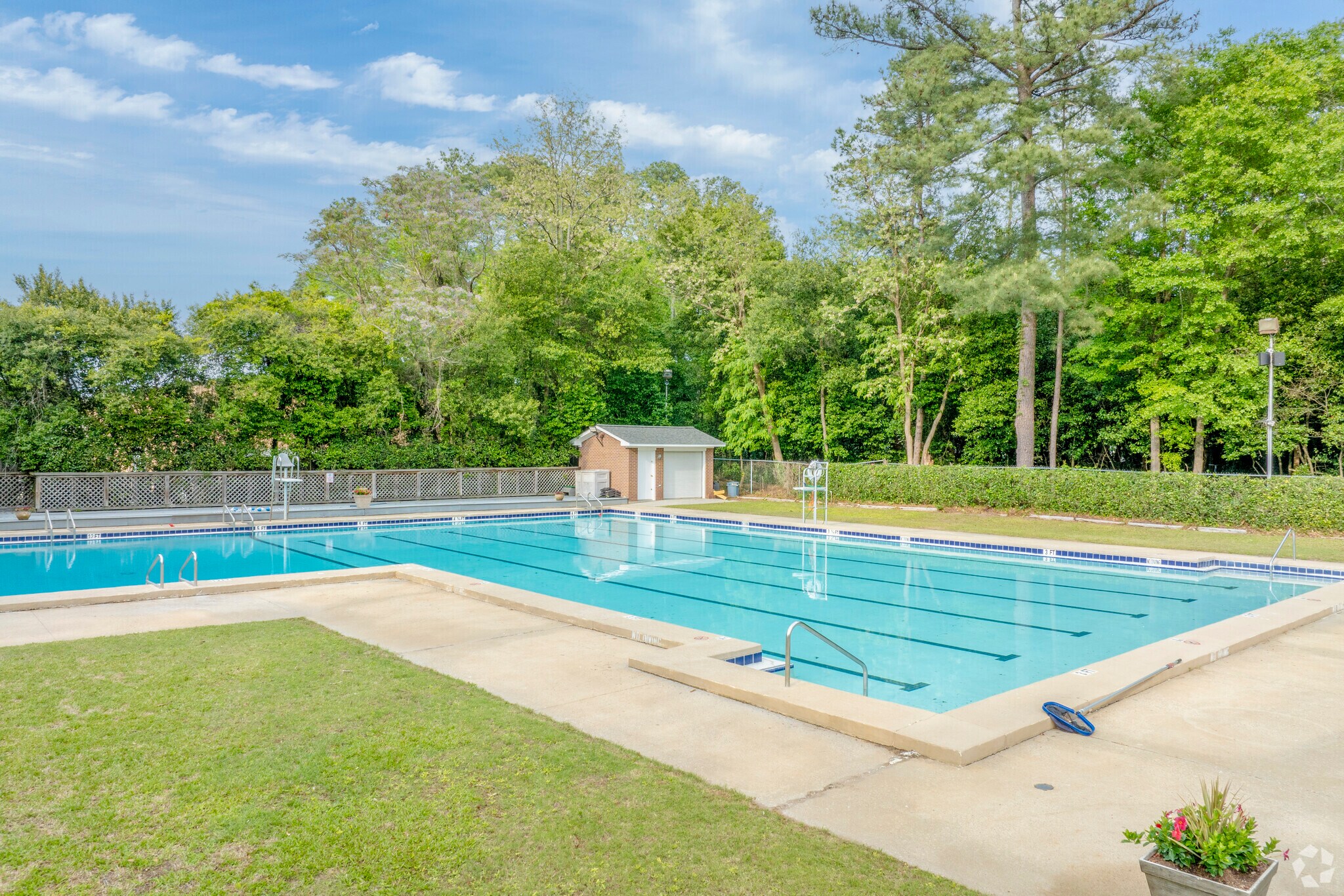 The Montclair pool is a 25-yard, L-shaped pool complete with two diving boards, opening in May