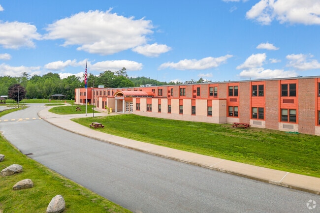 Front angle view of Lake Region High School in Bridgton.