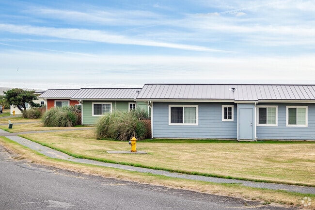 A row of colorful oceanfront homes dots the edge of the Pacific Beach, WA bluffs.