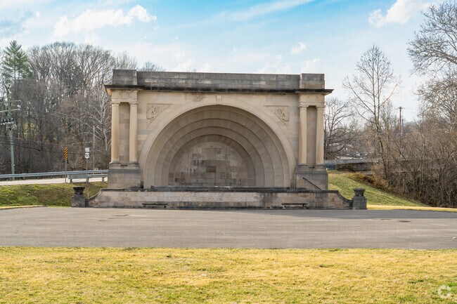 The Bandshell near Otis Park is an impressive stone structure in Bedford.