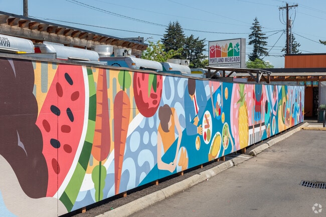 A bright mural welcomes visitors to lunch at the Mercado on SE Foster Rd. in the the Mount Scott-Arleta Neighborhood.