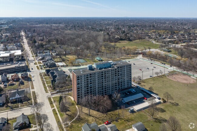 Aerial view of North Dearborn with Ford Field Park in the foreground.