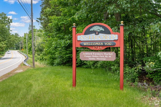 The Ashford Welcomes You sign greets visitors to a peaceful, rural town full of outdoor fun.