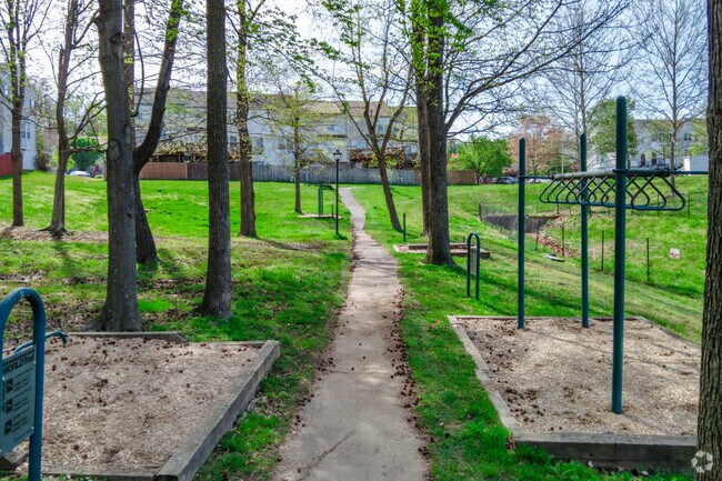 The trail on Willow Hill Dr in Peppermill Village includes fitness stations and seating.