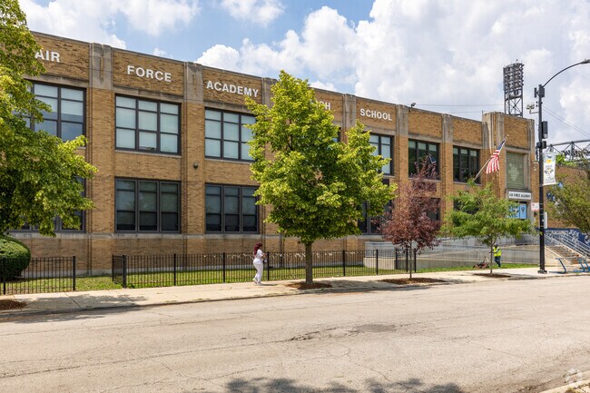 Air Force Academy High School main building and entrance just to the south of Sox Park, Chicago.