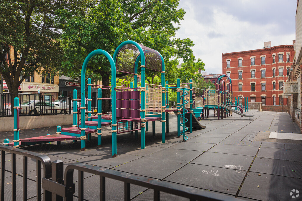 Playground from school vantage, wide