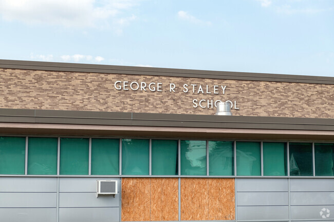 Closed since 2021, the George R. Staley Upper Elementary School has been securely boarded-up.
