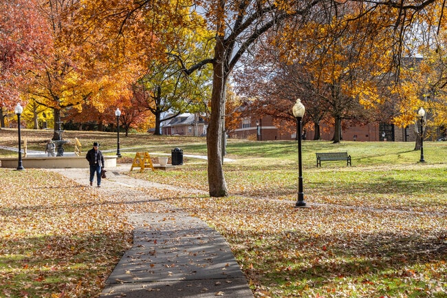 College Park in Waynesburg offers shaded paths and a historic fountain for students.