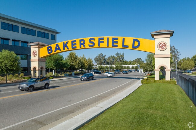 The Welcome to Bakersfield sign fully lit up and welcoming you to downtown.