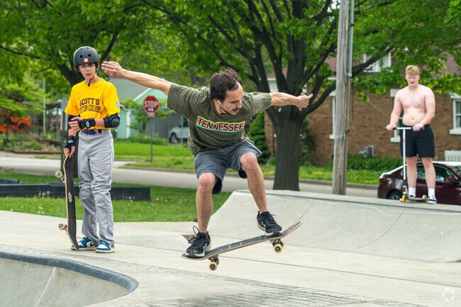 Skateboarders show off their skills at the Sheridan Park Skate Park in Terre Haute, IN.
