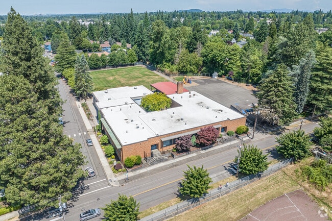 An Aerial View of St. John The Baptist Catholic School in Historic Milwaukie.