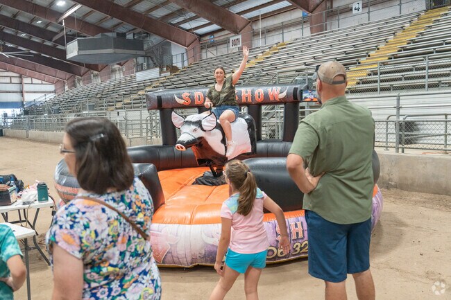 The Bacon Fest has unique attractions for family fun such as a bull riding machine.