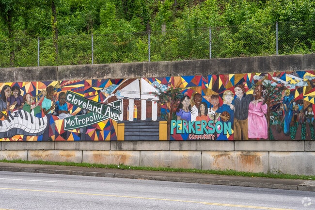 The colorful community mural in Perkerson highlights the neighborhood's vibrant spirit and deep cultural roots.