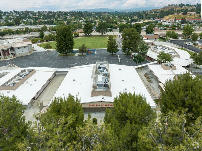 An aerial of the front of Emblem Academy in Saugus, CA.