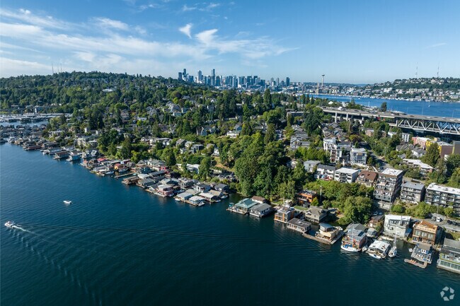 Aerial view of Portage Bay, with Downtown Seattle in the background.
