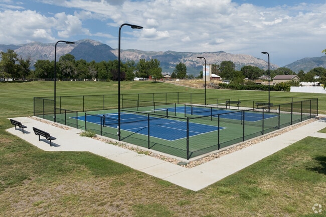 Tennis courts are surrounded by green lawns at Mountain View Park.