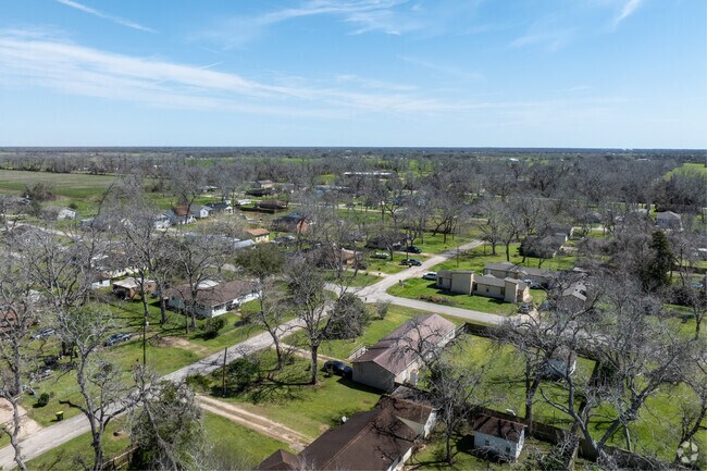 An aerial view captures the heart of Wharton and its surrounding landscape.