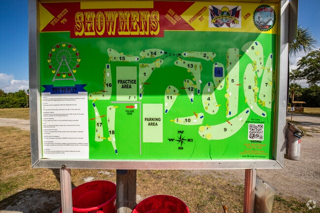 The course map for the Showmen's Disc Golf Course is located in Great Palm River Point.
