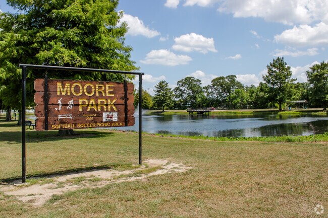 Moore Park has several community features, including a large pond with a fountain.