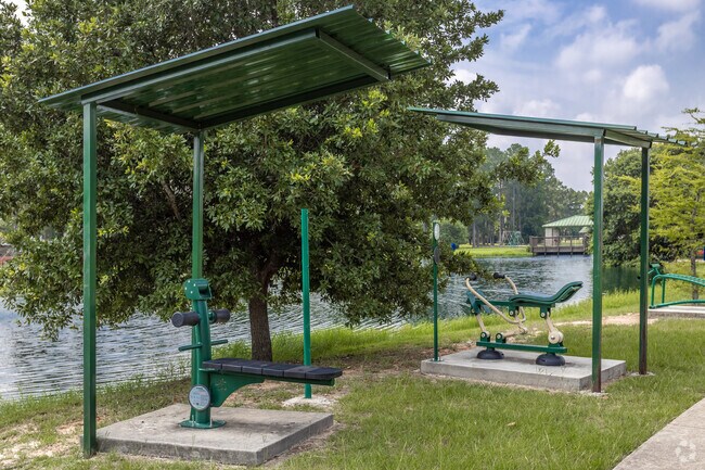Fox Springs Park near Legends Run has outdoor workout equipment with scenic lake views.