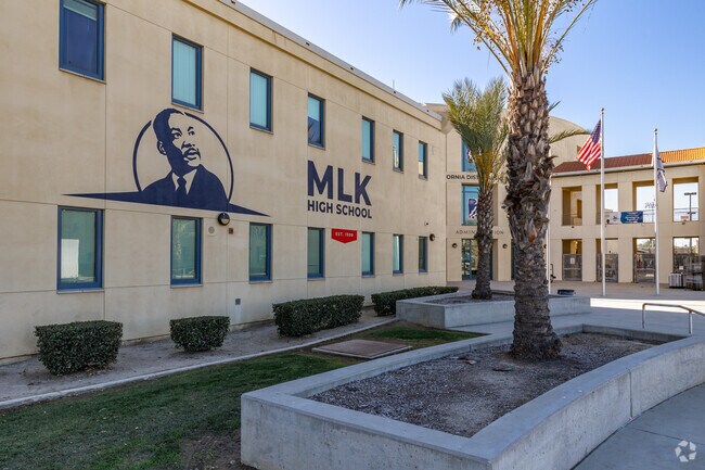 The flag flies high at Martin Luther King Jr. High School in Riverside.