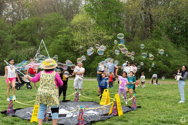 Daffodil Days showcases a vibrant array of captivating spectacles, highlighted by the enchanting sight of oversized bubbles drifting gracefully across the serene surface of Medlock Bridge, reflecting the radiant colors of the day.