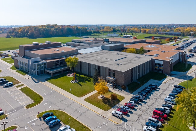 An aerial view of East High and West High School of West Bend.
