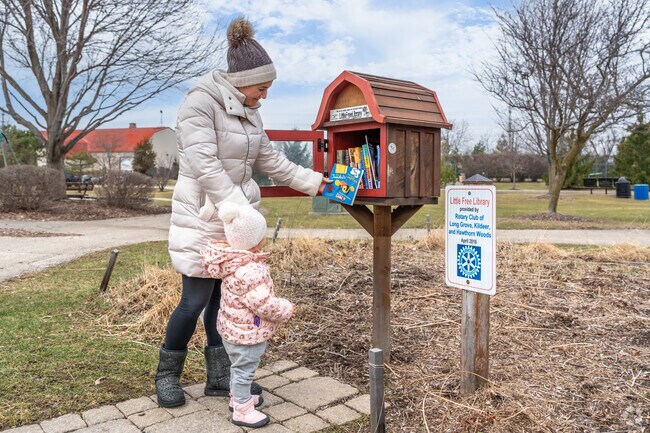 Families enjoy browsing the Little Free Library at Hawthorn Woods Community Park.