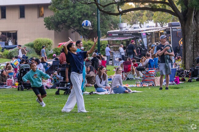 Before the movie begins, families and children enjoy volleyball and other activities.