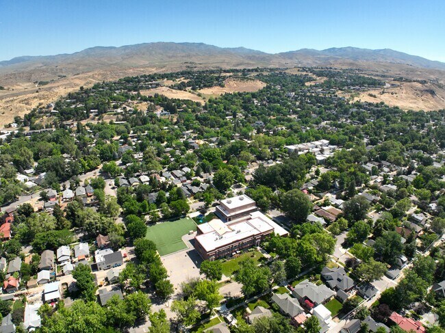 Roosevelt Elementary School with the East End neighborhood and mountains in the background.