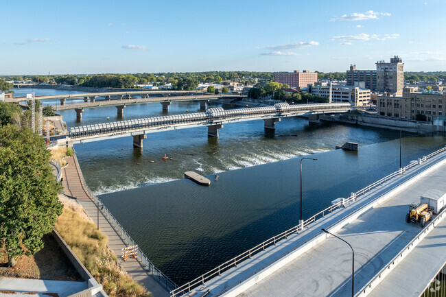 A series of bridges cross the Cedar River in downtown Waterloo.