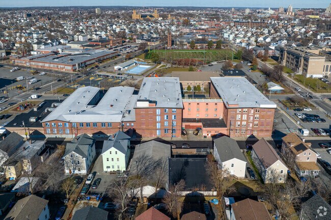 Aerial view at Achievement First Promesa Mayoral Academy Elementary in West End, Providence, RI.