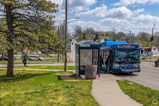 Multiple Bus Stops by public transportation in Leeds.