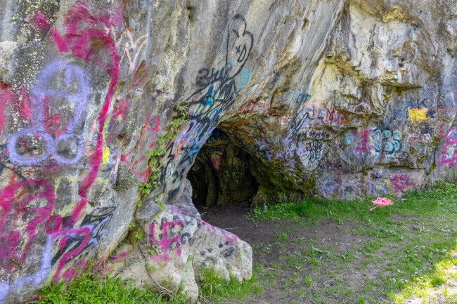 The cave at Cave Hill Nature Center is situated in a vertical bedding of the Chambersburg limestone, an Ordovician-aged rock formation.